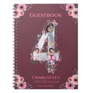 Big 4th Birthday Girl Photo Pink Flower Guest Book