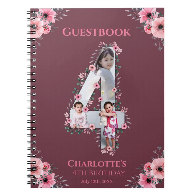 Big 4th Birthday Girl Photo Pink Flower Guest Book (Front)