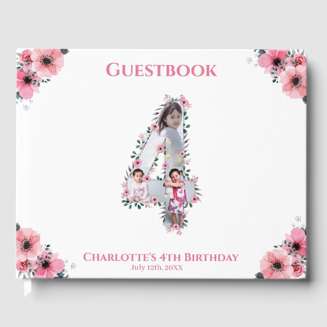 Big 4th Birthday Photo Collage Flower Girl White Guest Book (Front)
