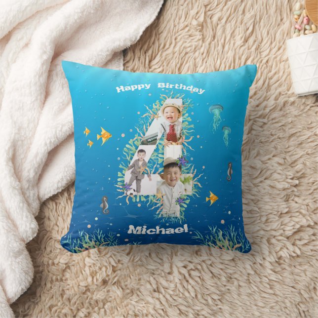 Big 4th Birthday Photo Collage Under The Sea Cushion (Blanket)