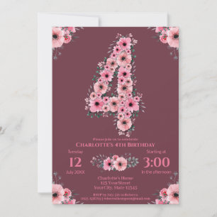 Big 4th Birthday Pink Flowers Girl Green Foliage Invitation