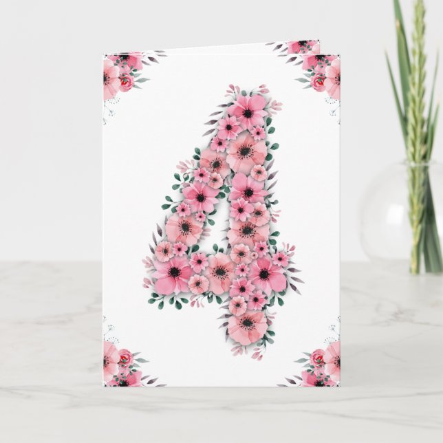 Big 4th Birthday Pink Flowers Green Foliage Girl Card (Front)