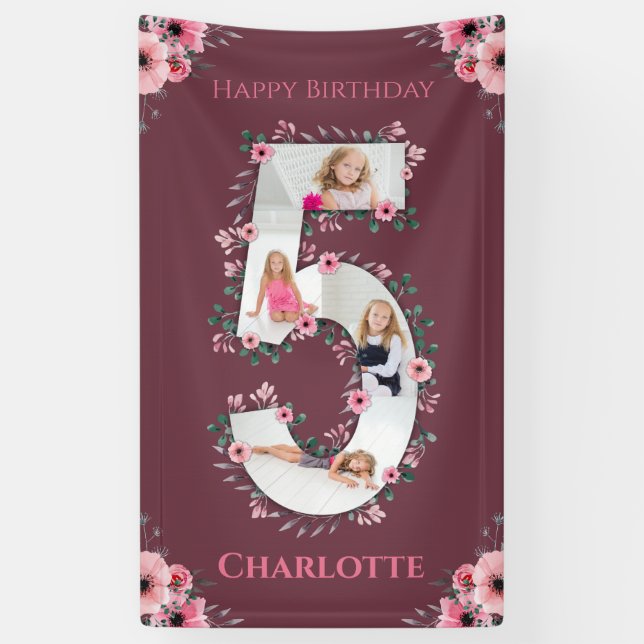 Big 5th Birthday Girl Photo Collage Pink Flower Banner (Vertical)