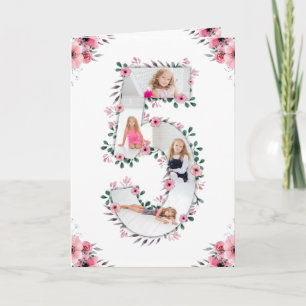 Big 5th Birthday Girl Photo Collage Pink Flower Card