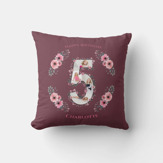 Big 5th Birthday Girl Photo Collage Pink Flower Cushion (Front)