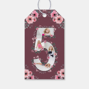 Big 5th Birthday Girl Photo Collage Pink Flower Gift Tags