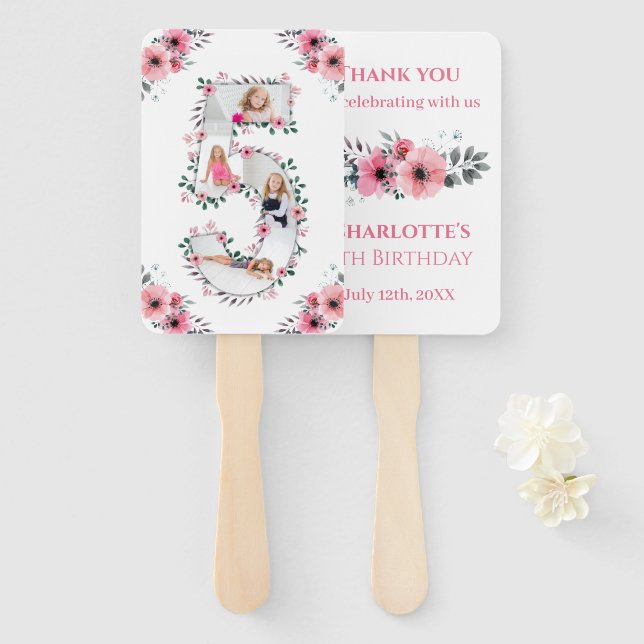 Big 5th Birthday Girl Photo Collage Pink Flower Hand Fan (Front and Back)