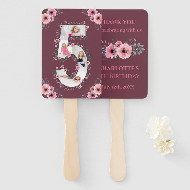Big 5th Birthday Girl Photo Collage Pink Flower Hand Fan (Front and Back)
