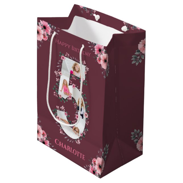 Big 5th Birthday Girl Photo Collage Pink Flower Medium Gift Bag (Front Angled)