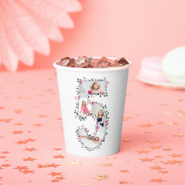 Big 5th Birthday Girl Photo Collage Pink Flower Paper Cups (Insitu)