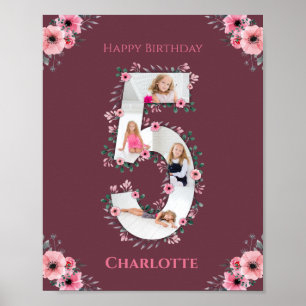 Big 5th Birthday Girl Photo Collage Pink Flower Poster