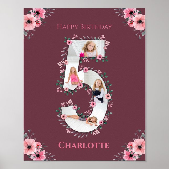 Big 5th Birthday Girl Photo Collage Pink Flower Poster (Front)