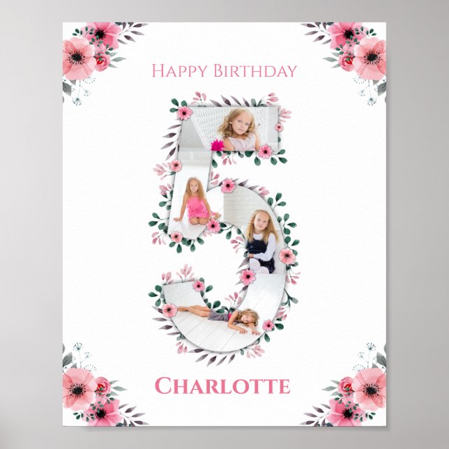 Big 5th Birthday Girl Photo Collage Pink Flower Poster (Front)