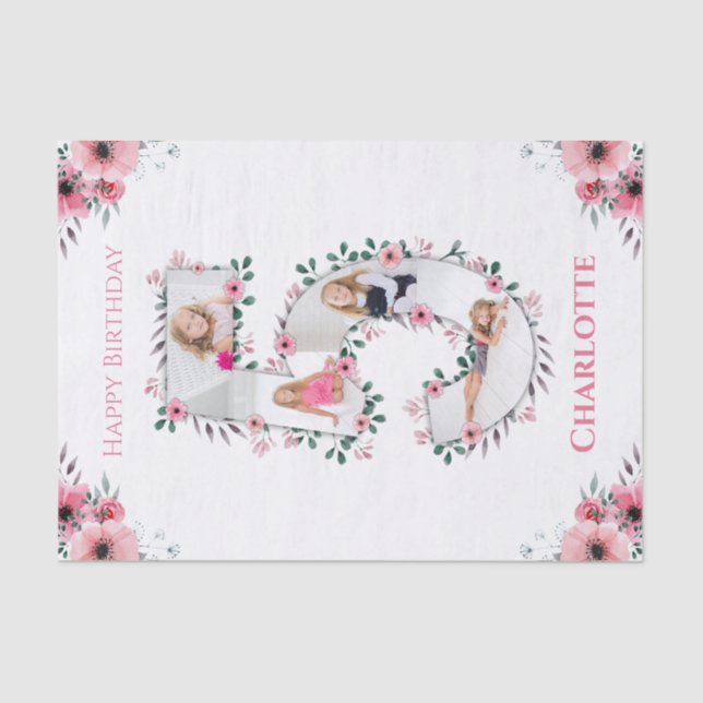 Big 5th Birthday Girl Photo Collage Pink Flower Tissue Paper (Front)