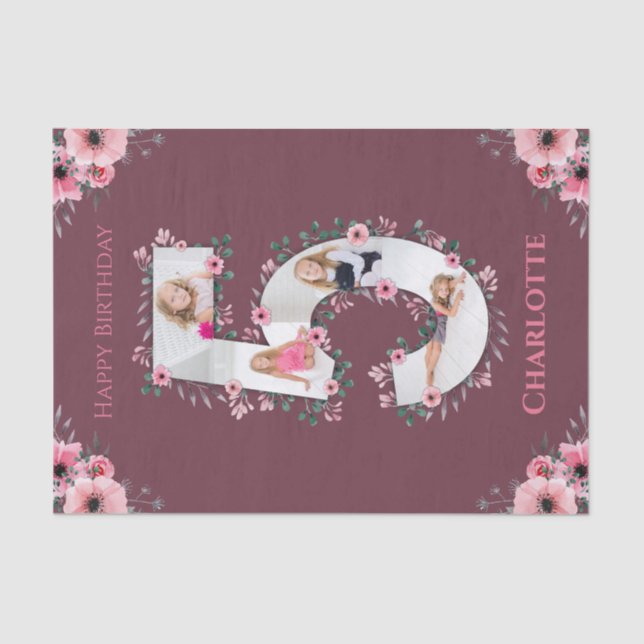 Big 5th Birthday Girl Photo Collage Pink Flower Tissue Paper (Front)