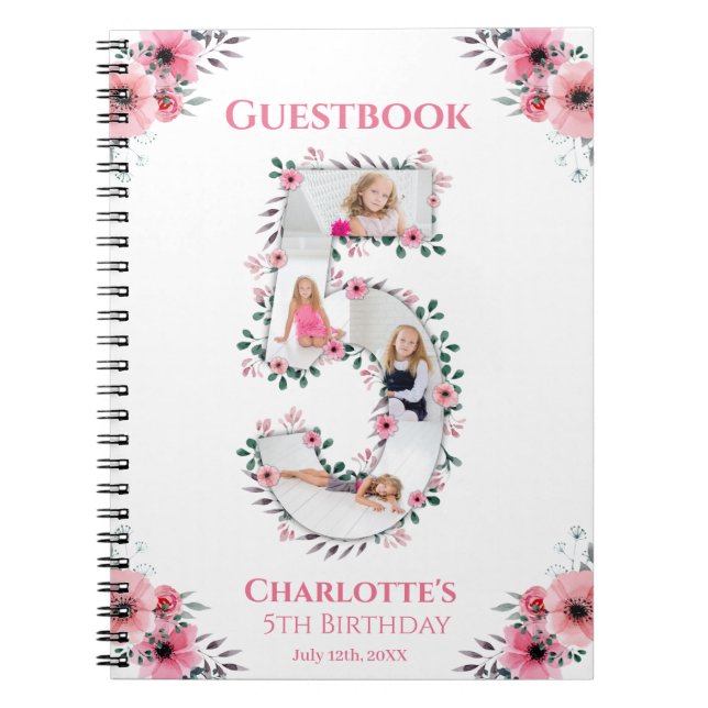 Big 5th Birthday Girl Photo Pink Flower Guest Book (Front)