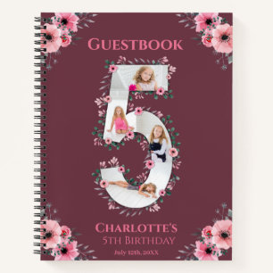 Big 5th Birthday Girl Photo Pink Flower Guest Book