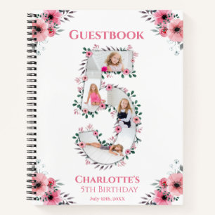 Big 5th Birthday Girl Photo Pink Flower Guest Book