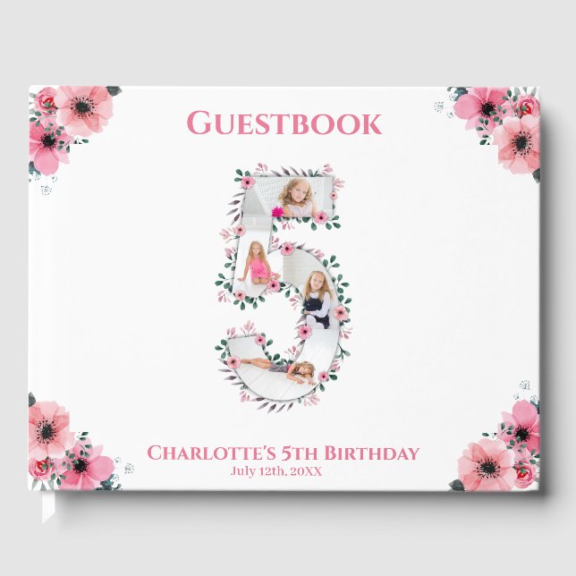 Big 5th Birthday Photo Collage Flower Girl White Guest Book (Front)