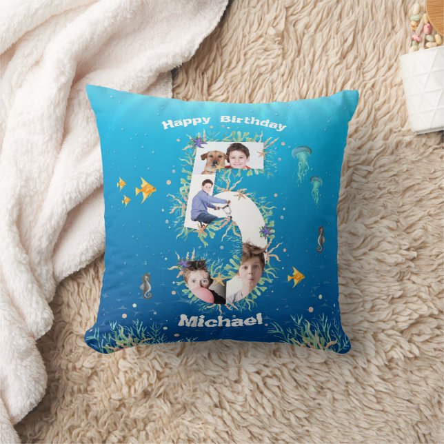 Big 5th Birthday Photo Collage Under The Sea Cushion (Blanket)