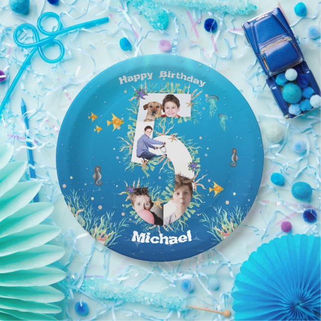 Big 5th Birthday Photo Collage Under The Sea Paper Plate (Party)
