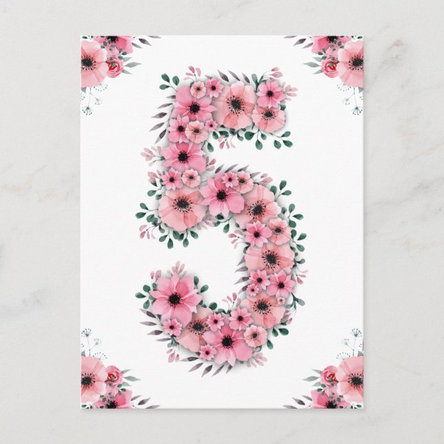 Big 5th Birthday Pink Flowers Girl Green Foliage Postcard (Front)