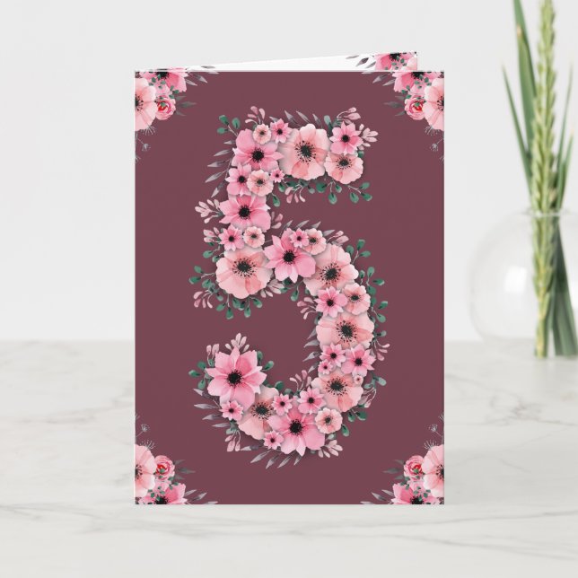 Big 5th Birthday Pink Flowers Green Foliage Girl Card (Front)
