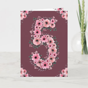 Big 5th Birthday Pink Flowers Green Foliage Girl Card