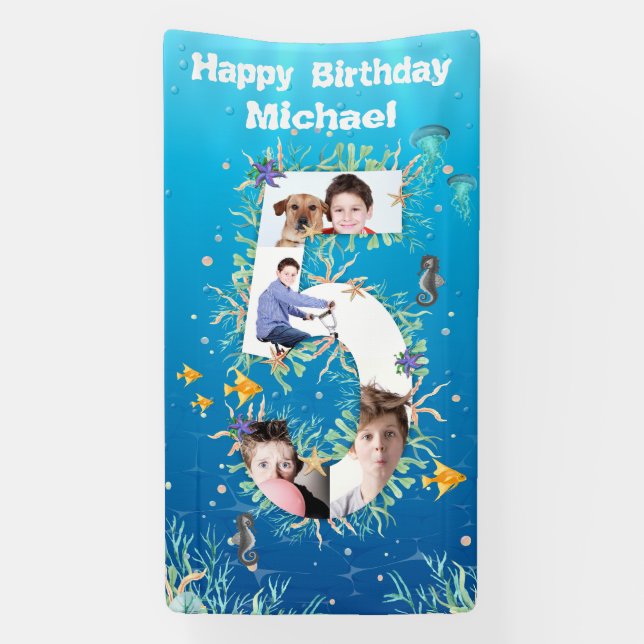 Big 5th Birthday Under The Sea Photo Collage Banner (Vertical)