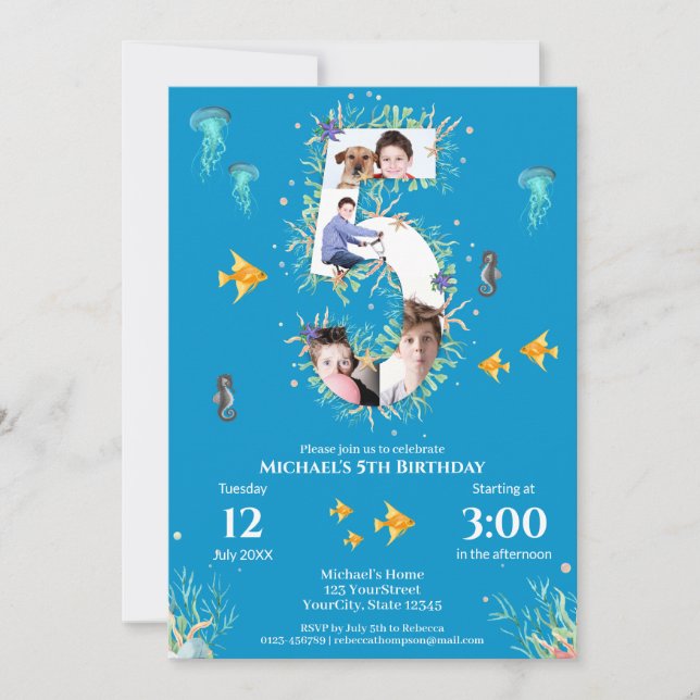 Big 5th Photo Collage Birthday Under The Sea Invitation (Front)