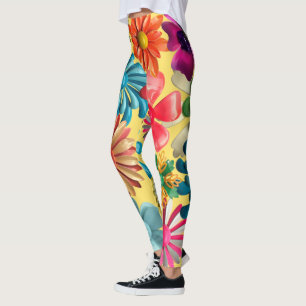 Big 60s Retro MOD Colorful Hippie Daisy Flowers Leggings