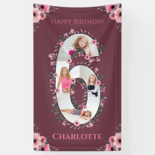 Big 6th Birthday Girl Photo Collage Pink Flower Banner
