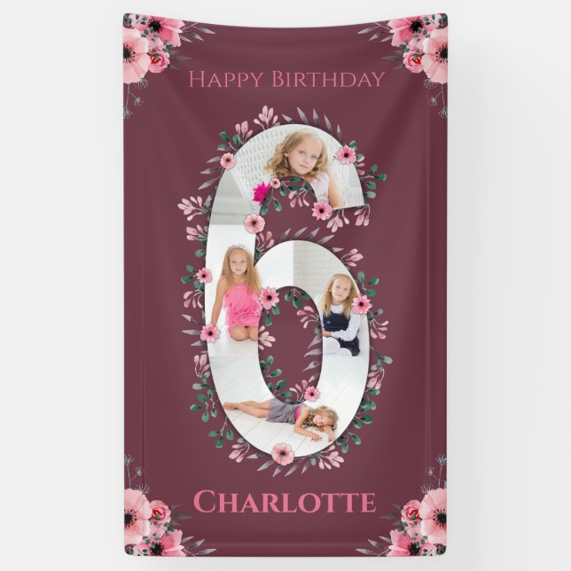 Big 6th Birthday Girl Photo Collage Pink Flower Banner (Vertical)