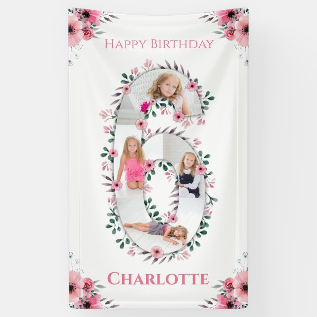 Big 6th Birthday Girl Photo Collage Pink Flower Banner (Vertical)
