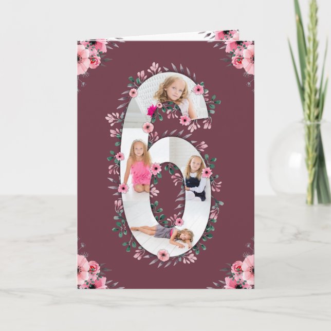 Big 6th Birthday Girl Photo Collage Pink Flower Card (Front)