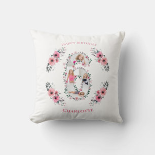 Big 6th Birthday Girl Photo Collage Pink Flower Cushion