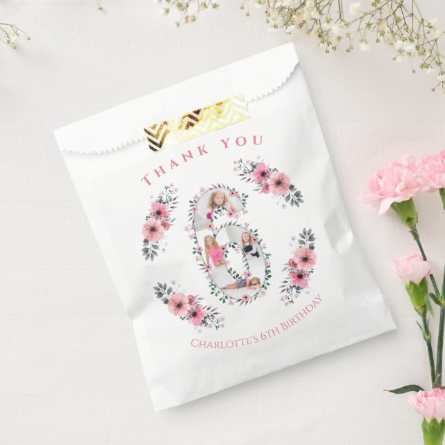 Big 6th Birthday Girl Photo Collage Pink Flower Favour Bags (Sealed)