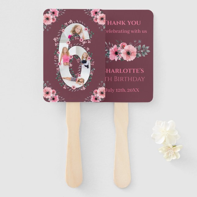 Big 6th Birthday Girl Photo Collage Pink Flower Hand Fan (Front and Back)