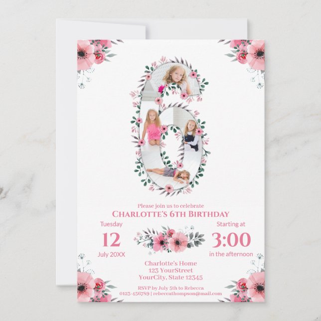 Big 6th Birthday Girl Photo Collage Pink Flower Invitation (Front)
