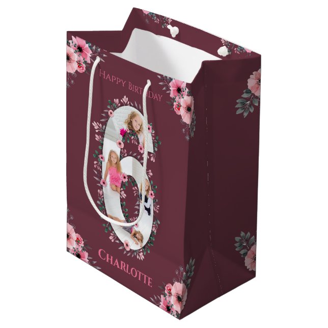 Big 6th Birthday Girl Photo Collage Pink Flower Medium Gift Bag (Front Angled)