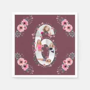 Big 6th Birthday Girl Photo Collage Pink Flower Napkin