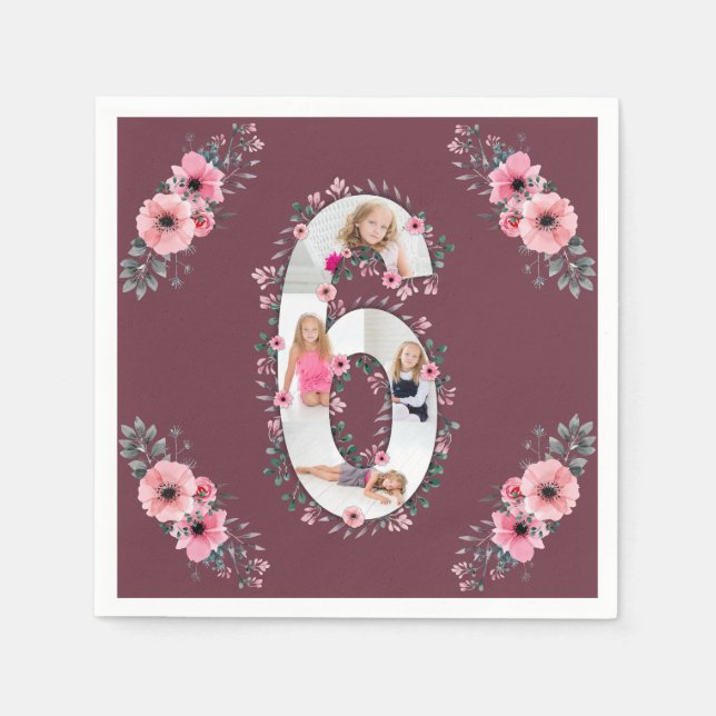 Big 6th Birthday Girl Photo Collage Pink Flower Napkin (Front)