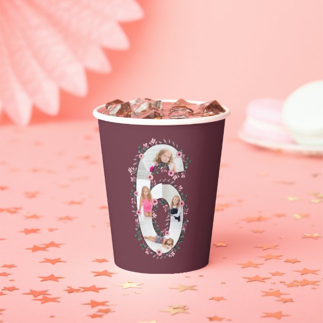Big 6th Birthday Girl Photo Collage Pink Flower Paper Cups (Insitu)
