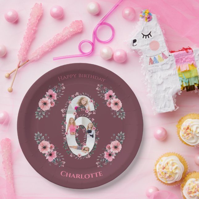 Big 6th Birthday Girl Photo Collage Pink Flower Paper Plate (Party)