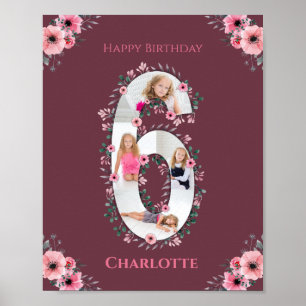 Big 6th Birthday Girl Photo Collage Pink Flower Poster