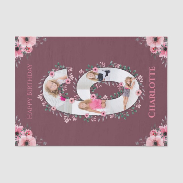 Big 6th Birthday Girl Photo Collage Pink Flower Tissue Paper (Front)