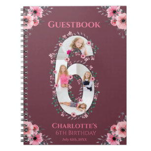 Big 6th Birthday Girl Photo Pink Flower Guest Book