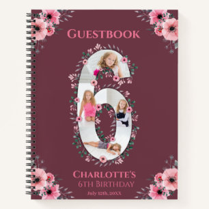 Big 6th Birthday Girl Photo Pink Flower Guest Book
