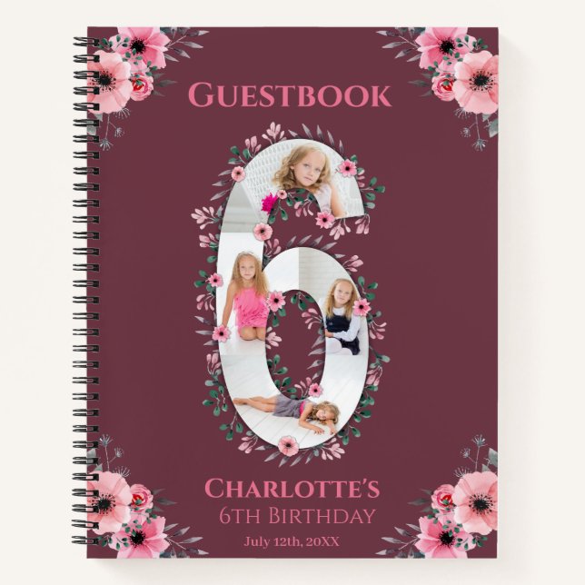 Big 6th Birthday Girl Photo Pink Flower Guest Book (Front)