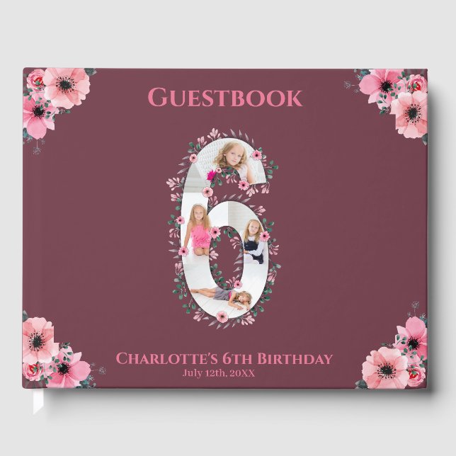 Big 6th Birthday Photo Collage Flower Girl Pink Guest Book (Front)